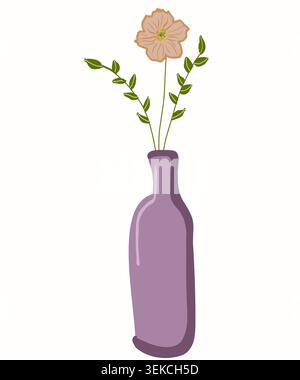 Minimal vector illustration of delicate pink flower with green branches in elegant purple vase isolated on light background. Modern botanical artwork Stock Vector