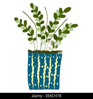 Minimal vector illustration of decorative green houseplant in patterned blue flower pot isolated on light background. Flat modern botanical design Stock Vector