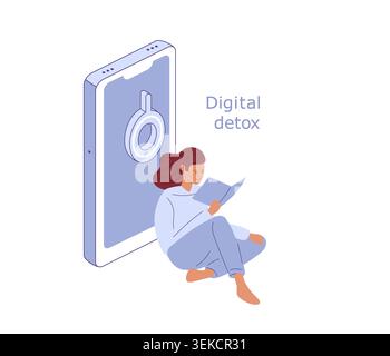 Rejecting mobile phone for reading. Girl reading cozy sitting on floor. Isometric vector illustration for digital detox Stock Vector