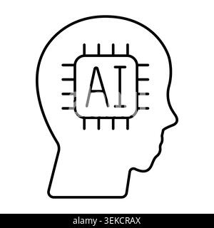 Schematic human head silhouette with microchip labeled AI inside. Vector line art illustration for artificial intelligence Stock Vector