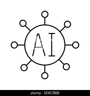 Round circle icon with radiating circuit rays and AI text. Vector line art illustration for artificial intelligence badge, tech. Stock Vector