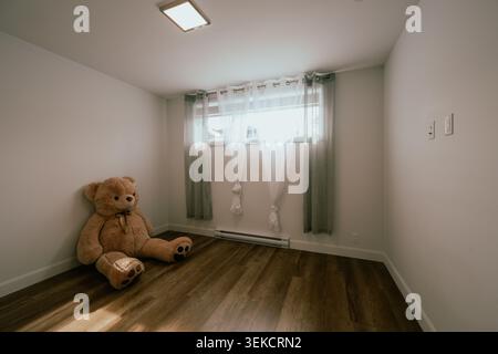 wide view of a small room with a window and curtains with an oversized brown teddy bear on the ground Stock Photo