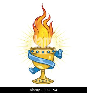 An ancient metal cup with burning flames inside and surrounded by a decorative ribbon. Full-color image ideal for concepts of rituals, magic, mysticis Stock Vector