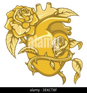Elegant gold design of an anatomical heart surrounded by golden roses. Luxurious and sophisticated style ideal for jewelry, exclusivity concepts, eter Stock Vector