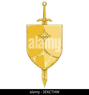 Majestic set of medieval shield and sword bathed in pure gold. This luxury representation stands out with a shiny metallic finish symbolizing success Stock Vector