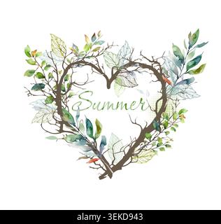 Heart made of tree branches, summer Hand drawn. Not AI, vector illustration. Stock Vector