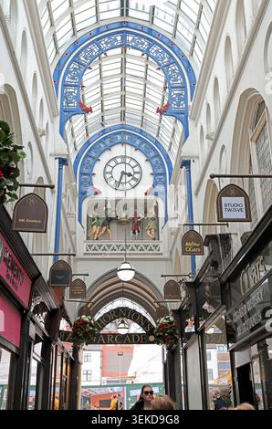 Thornton's Arcade in Leeds city centre, West Yorkshire, England, UK, showing historic clock and decorative arcade. Stock Photo