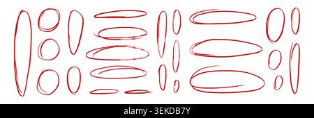 Hand drawn red crayon outline ovals and ellipses set. Rough scribble circles, sketch highlight marks and doodle frames. Vector annotation elements for text emphasis, notes, labels, comments and design Stock Vector