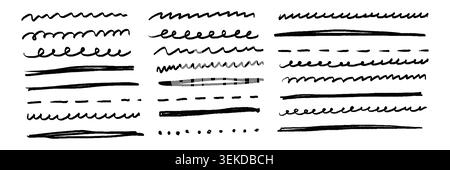 Hand drawn crayon scribble highlight set. Black rough underline strokes, sketch marker lines, wavy doodle accents and brush marks. Vector collection for notes, text emphasis, decoration, design. Stock Vector