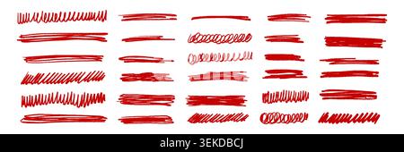 Red hand drawn brush strokes set. Sketched doodle scrawl lines collection. Jagged, wavy, squiggle scribble stripes pack. Marker note signs bundle for mark, emphasis, accent, highlight. Vecto Stock Vector