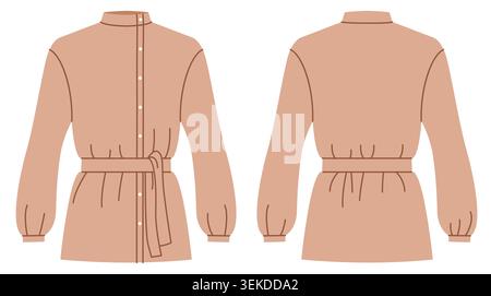 Beige cossack style blouse with high neckline, front button closure and long sleeves gathered cuffs and defined waist shaping with belt detail. Technical fashion illustration in flat color, front back views. Vector Stock Vector