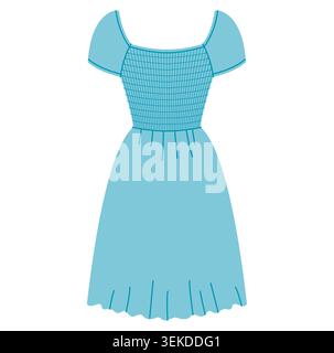 Blue midi dress with smocked bodice, short sleeves and flared skirt with soft gathered volume and fitted upper silhouette. Technical fashion illustration front view. Vector Stock Vector