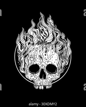 Black and white tattoo illustration of a skull engulfed in flames, with fire rising from the top. The skull is framed by a circle and features detaile Stock Vector