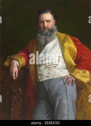 Historic image of Isaac Merritt Singer, American inventor and businessman known for the Singer sewing machine company, shown in an elaborate robe in an 1869 painted portrait by Edward Harrison May. Stock Photo