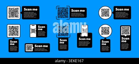 Scan me QR code sticker design set. Smartphone digital payment barcode frame vector illustration. Mobile app qrcode scanner reader badge symbol retail store label graphic. Stock Vector