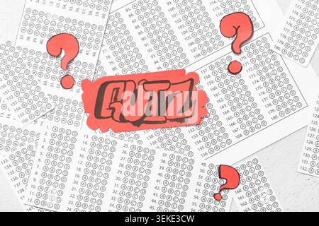 Quiz forms with paper quiz card and question marks on white background Stock Photo