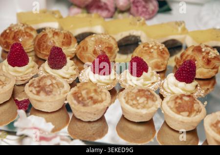 top view of a small cake portion with berries on top on a desert table at a buffet Stock Photo