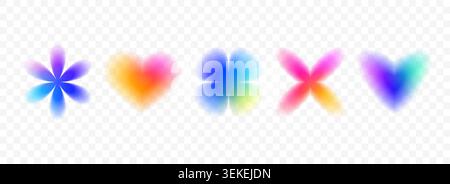 Y2k blurred gradient flowers set. Bright blurry aura shape collection. Colorful fading abstract trend elements for poster, template, badge, sticker, collage, logo. Vector iridescent smooth flower pack Stock Vector