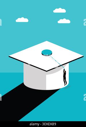 Minimal flat vector illustration of a graduation cap with a student climbing toward academic success, symbolizing education, achievement, ambition, an Stock Vector
