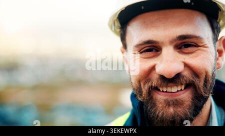 Construction, portrait or man on site with smile, pride and ambition as industrial worker. Happy, space or engineer outdoor with confidence, about us Stock Photo