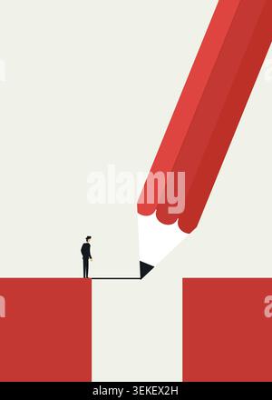 Minimal conceptual vector illustration of a giant pencil creating a bridge across a gap, representing creativity, problem solving, strategy, innovatio Stock Vector