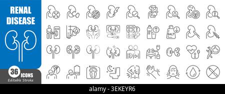 Renal disease with hemodialysis and kidney transplant thin line icons set. Ideal for kidney health, chronic renal failure, hemodialysis, transplantati Stock Vector