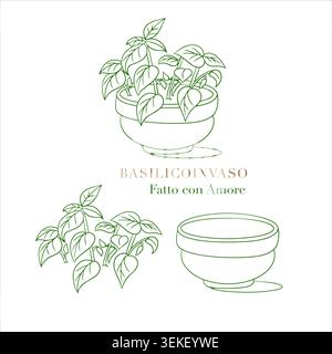 Green basil plant in ceramic pot vector outline illustration set. Line art botanical elements for creative Italian cuisine design logo branding Stock Vector
