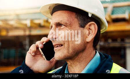 Phone call, talking and man in city for construction, urban planning and communication for progress. Architecture, civil engineer and mature person on Stock Photo