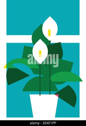 Flat vector illustration of a decorative indoor houseplant in a stylish pot, featuring lush tropical leaves and elegant blooms for modern interior des Stock Vector