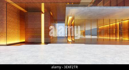Modern architectural space with warm lighting, brick walls, glass partitions, and a polished concrete floor. 3d rendering Stock Photo