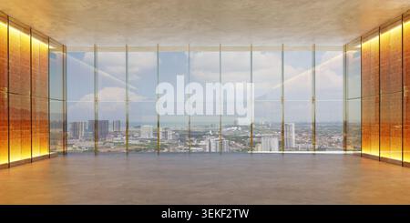 Empty modern office space with large glass windows showing a panoramic city skyline view. 3d rendering Stock Photo