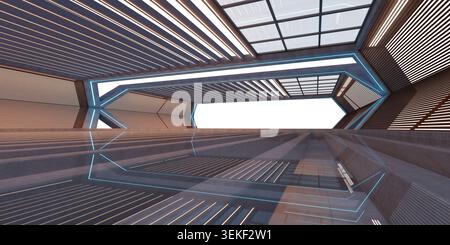 Empty futuristic interior creating a modern abstract background with neon lights and geometric shapes. 3d rendering Stock Photo