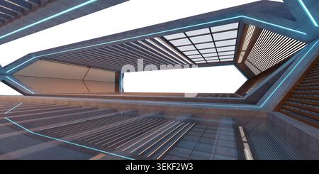 Futuristic concrete interior displaying abstract geometric shapes and ambient blue light lines. 3d rendering Stock Photo