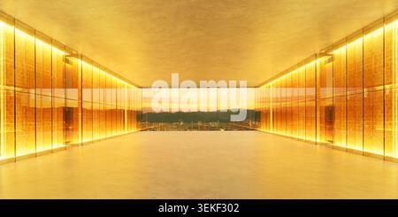 Empty luxury interior with glass walls and brick details glowing in golden light. 3d rendering Stock Photo