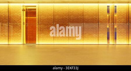 Empty office space featuring contemporary design with illuminated brick wall. 3d rendering Stock Photo