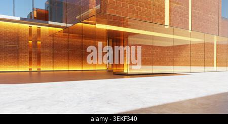 Modern building exterior featuring orange brick walls and reflective glass panels with illuminated details. 3d rendering Stock Photo