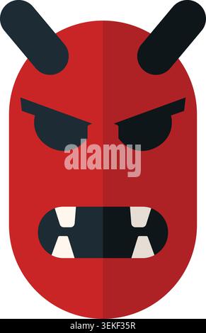 Simple illustration of a red horned monster mask with dark brows sharp teeth and angry expression. Stock Vector