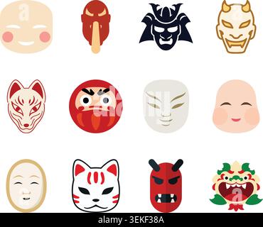 A colorful flat illustration set featuring Japanese traditional masks and folklore inspired faces Stock Vector
