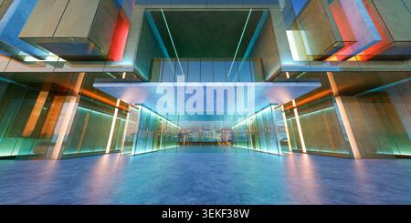 Contemporary 3d architectural rendering featuring illuminated concrete and glass elements creating a futuristic corridor. 3d rendering Stock Photo