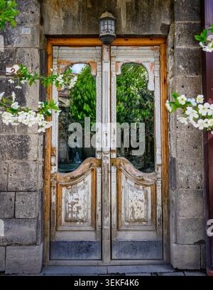 Weathered wooden double doors with glass panes. Door framed by stone walls. White flowering branches frame the scene Stock Photo