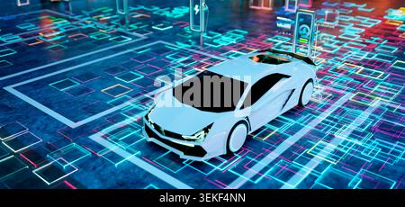Futuristic sport car charging at a glowing energy station on a digital circuit board background. 3d rendering Stock Photo