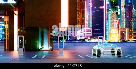 Electric vehicle charging at a smart station in a modern cybersecurity city at night. 3d rendering Stock Photo