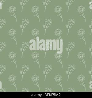 Seamless floral pattern with alternating daisy and rose line drawings, minimalist white outline on muted green background, elegant botanical design Stock Vector