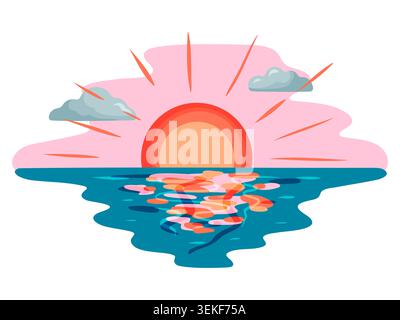 Bright illustration of a sun setting over teal ocean water with pink sky, gray clouds, orange sun rays and colorful light reflection on water surface, Stock Vector