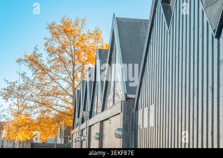 Modern Black Wooden Cabins Architectural, Triangular Roof Line, Scandinavian Minimalist Exterior Stock Photo