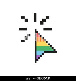 Pixel art pride cursor clicking icon isolated on white. Retro 8 bit mouse pointer with clicking animation effect and rainbow flag colors for LGBTQ Stock Vector