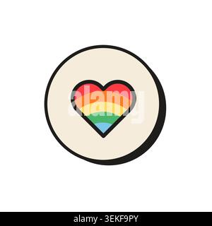 Retro circular badge with rainbow pride heart isolated on white. Minimalist pop art illustration with rainbow flag colors for LGBTQ pride month Stock Vector