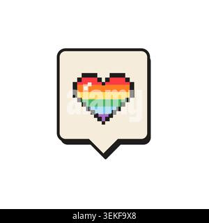Retro speech bubble with pixel art rainbow pride heart isolated on white. 8 bit aesthetic pop art chat box with rainbow flag colors for LGBTQ pride Stock Vector