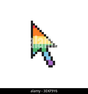 Pixel art rainbow pride cursor icon isolated on white background. 8 bit retro computer mouse pointer with rainbow flag colors for LGBTQ pride month Stock Vector