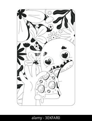 Funky pizza character in floral jungle clean splash screen illustration Stock Vector